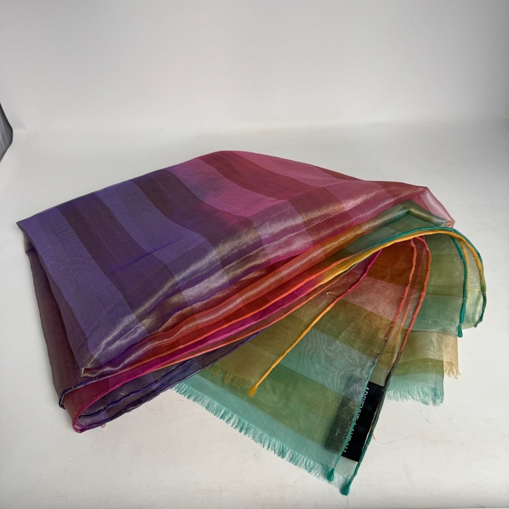 Vtg 90s Adrienne Landau Wrap Rainbow Plaid Sheer Organza Shawl Scarf - Picture 6 of 9